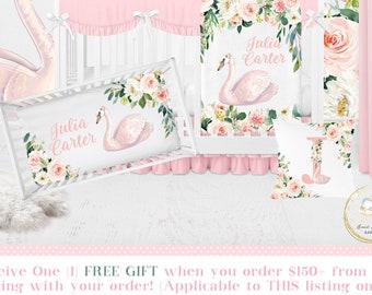 Swan Crib Bedding Set, Girl Crib Bedding Set, Pink Floral Crib Bedding, Swan Nursery, Swan Baby Bedding, Personalized Nursery Bedding Girl