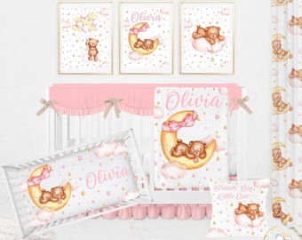 Teddy Bear Crib Bedding Set, Moon And Stars Baby Shower Gift, Pink And Gold Nursery Bedding, Bear Baby Blanket, Personalized Crib Sheet Girl