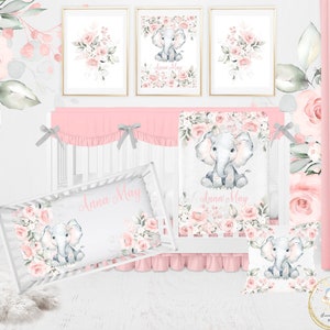Elephant Crib Bedding Set, Baby Girl Bedding Set, Personalized Baby Blanket, Elephant Nursery, Pink Floral Baby Bedding, Elephant Bedding