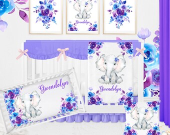 Elephant Crib Bedding Set, Purple Crib Bedding Set, Baby Girl Bedding Set, Elephant Nursery, Floral Nursery Decor, Elephant Baby Shower Gift