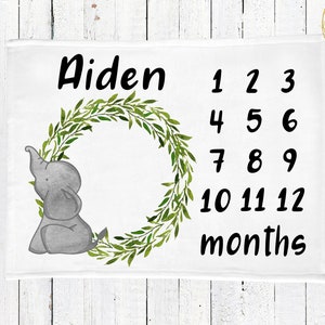 Elephant Milestone Blanket, Greenery Baby Blanket, Baby Milestone Blanket, Elephant Baby Bedding, Elephant Nursery, Monthly Photo Blanket