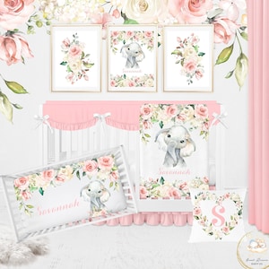 Elephant Crib Bedding Set Girl, Baby Girl Crib Bedding Set, Pink Floral Crib Bedding, Elephant Nursery Decor, Floral Baby Shower Gift Girl