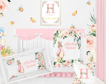 Peter Rabbit Baby Bedding Set, Blush Crib Bedding Set, Floral Nursery Newborn, Peter Rabbit Baby Blanket, Custom Crib Bedding Girl Pink Gift