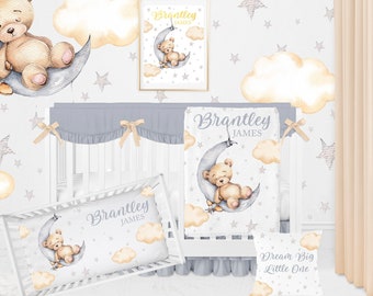 Teddy Bear Crib Bedding Set, Custom Boy Crib Bedding Set, Gender Neutral Crib Bedding, Bear Nursery Bedding, Moon And Stars Crib Sheets Boy