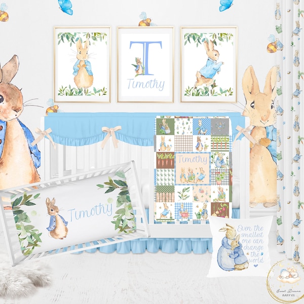 Peter Rabbit Crib Bedding Set, Bunny Baby Bedding Set, Rabbit Nursery Newborn, Peter Rabbit Baby Blanket, Custom Crib Bedding Set Boy Blue
