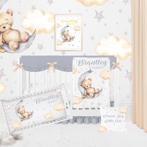 Teddy Bear Crib Bedding Set, Custom Boy Crib Bedding Set, Gender Neutral Crib Bedding, Bear Nursery Bedding, Moon And Stars Crib Sheets Boy