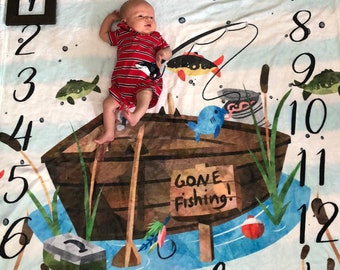 Fishing Baby Blanket, Monthly Milestone Blanket, Personalized Baby Blanket, Custom Fish Baby Blanket, Fishing Baby Gift, Fishing Baby Shower