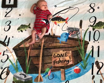 Cobertor de bebê pescador, cobertor de marco mensal, cobertor de bebê personalizado, cobertor de bebê peixe personalizado, presente de bebê pescador, chá de bebê pescador
