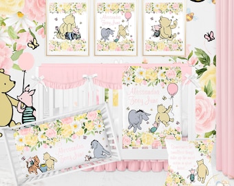 Classic Pooh Crib Bedding Set Girl, Floral Crib Bedding Set, Pooh Baby Shower Gift Girl, Classic Pooh Baby Blanket, Pink And Yellow Nursery