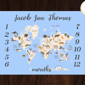 Couverture jalon carte du monde, couverture carte jalon bébé garçon, baby shower garçon aventure, couverture jalon aventure mensuelle, couverture personnalisée