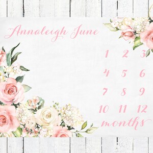 Bloemen mijlpaaldeken meisje, vintage bloemen baby maanddeken, gepersonaliseerd kraamcadeau meisje, babymeisje kinderkamer roze, nieuwe moeder cadeau