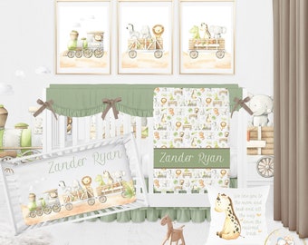 Train Crib Bedding Set, Safari Animals Crib Bedding Set, Baby Boy Crib Bedding, Train Nursery Decor, Safari Crib Sheet, Custom Baby Blanket