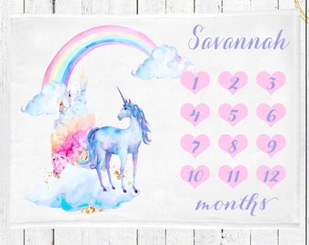 Unicorn Baby Blanket, Monthly Milestone Blanket, Personalized Baby Blanket, Unicorn Baby Bedding Girl, Baby Shower Gift, Newborn Baby Gifts