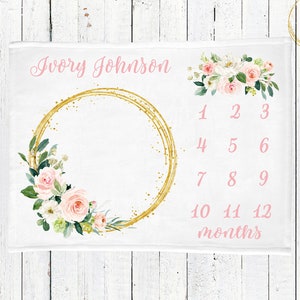 Floral Milestone Blanket Girl, Floral Baby Month Blanket, Personalized Baby Girl Shower Gift, Baby Girl Nursery, New Mom Gift, Floral Blush