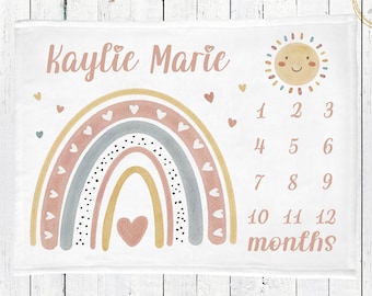 Boho Rainbow Milestone Blanket, Baby Milestone Blanket Girl, Baby Shower Gift, Monthly Milestone Blanket, Personalized Rainbow Baby Blanket
