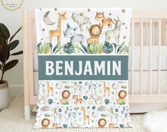 Kocyk Safari dla niemowląt, spersonalizowany kocyk dla chłopca, prezent na baby shower w stylu safari dla chłopca, kocyk z imionami zwierząt safari, niebieski kocyk dla dziecka, pokój dziecięcy Safari