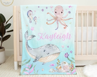 Under The Sea Baby Blanket Girl, Personalized Ocean Baby Blanket, Under The Sea Crib Bedding, Sea Animals Custom Baby Bedding, Ocean Nursery