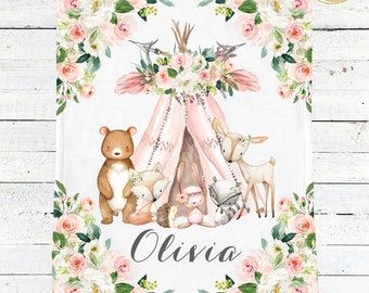 Woodland Baby Blanket Girl, Personalized Baby Blanket, Woodland Nursery Bedding Girls, Woodland Creatures Baby Blanket, Custom Baby Blanket