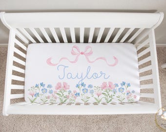 Floral Crib Sheet, Pink Bow Crib Sheet Girl, Floral Nursery Bedding, Pink Bow Baby Bedding, Personalized Crib Sheet, Custom Crib Sheet Girl