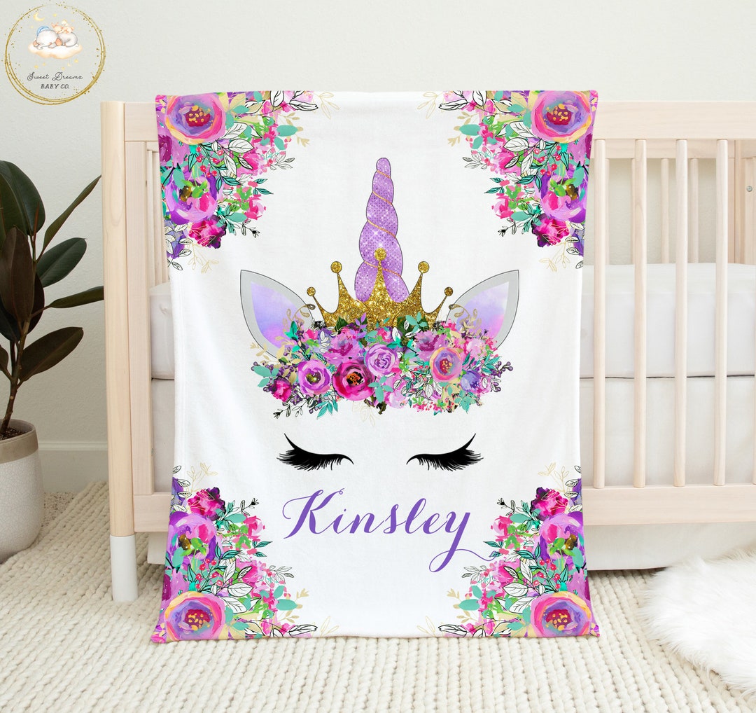 Personalized Unicorn Baby Blanket, Purple Floral Baby Blanket, Floral ...