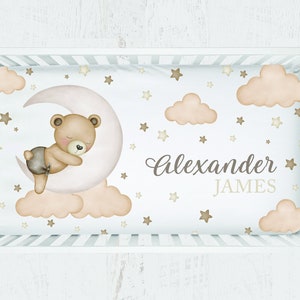 Teddy Bear Crib Sheet, Moon And Stars Crib Sheet Boy, Gender Neutral Baby Bedding, Teddy Bear Nursery, Custom Crib Sheet, Moon Crib Bedding