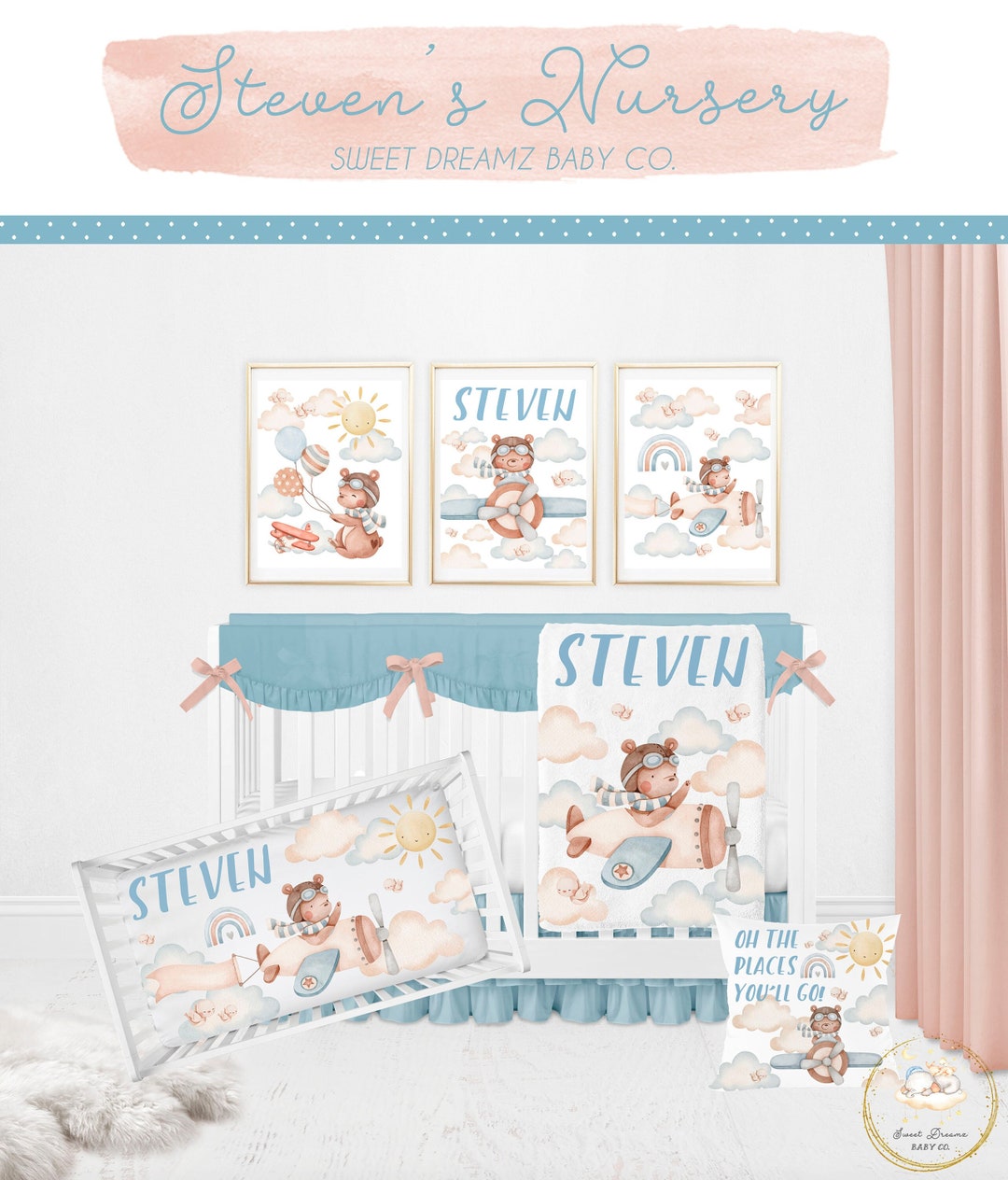 Airplane Crib Bedding Set, Baby Bear Crib Bedding Set Boy, Baby Boy