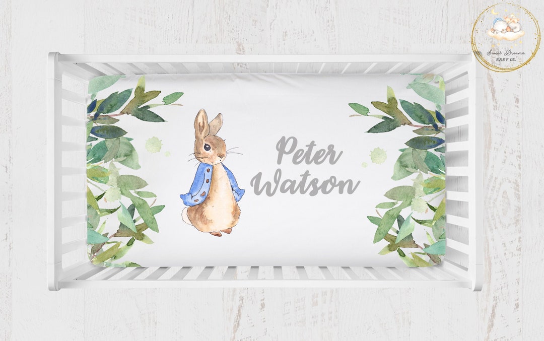 Personalized Crib Sheet Boy / Peter Rabbit Crib Sheet / Greenery Baby ...