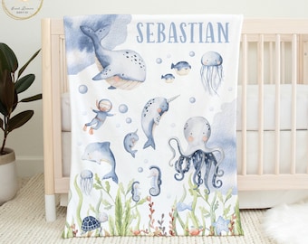 Under The Sea Baby Blanket, Personalized Baby Blanket Boy, Baby Name Blanket, Under The Sea Nursery, Ocean Crib Bedding, Sea Animals Blanket
