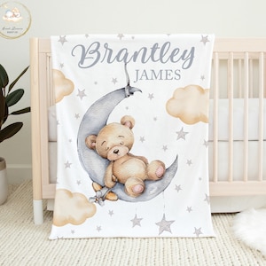 Custom Teddy Bear Baby Blanket, Moon Baby Blanket, Moon Stars Baby Blanket, Bear Baby Shower Gift, Bear Crib Bedding, Gender Neutral Nursery