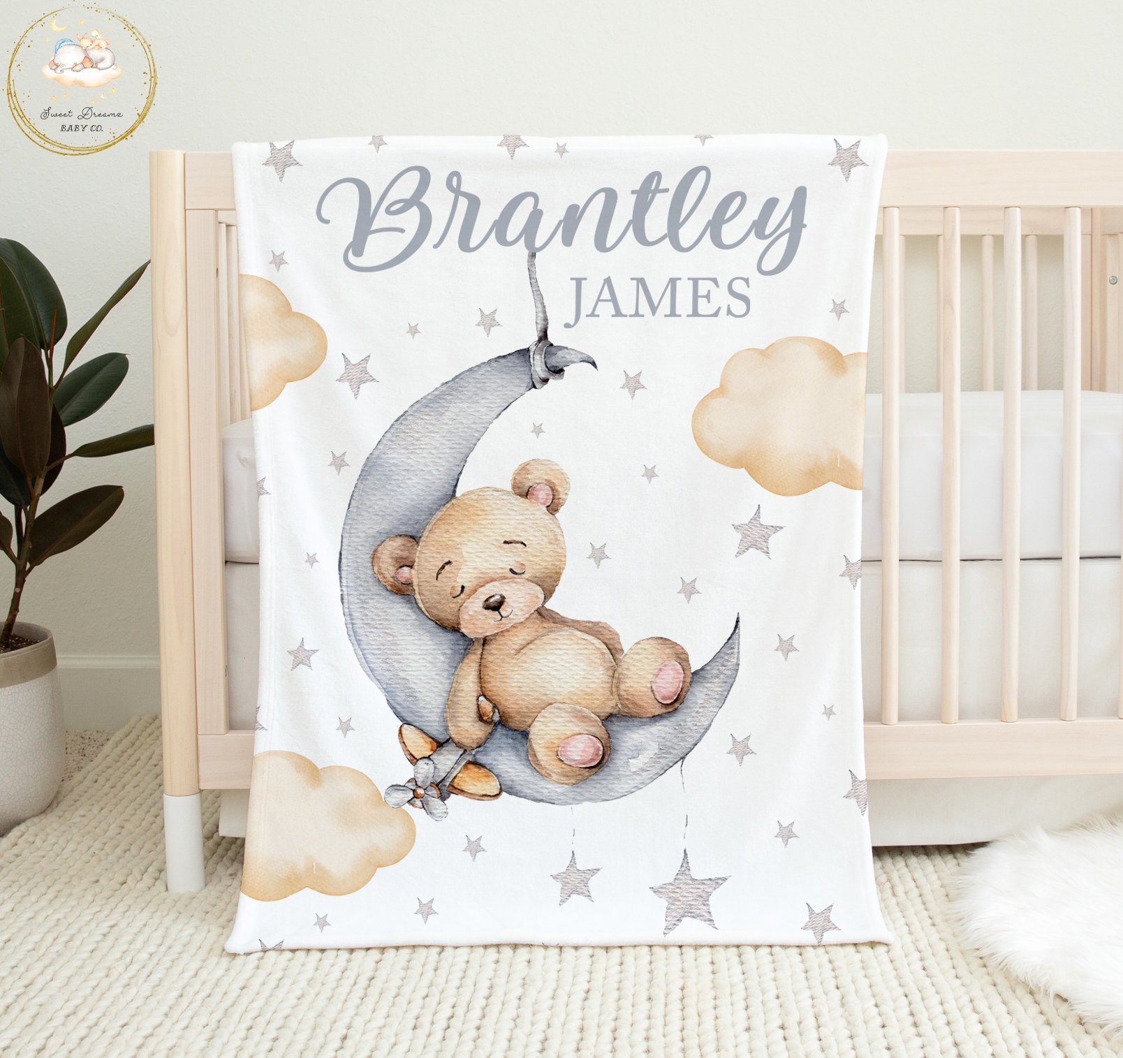 Custom Teddy Bear Baby Blanket Moon Baby Blanket Moon Stars Baby Blanket Bear Baby Shower Gift Bear Crib Bedding Gender Neutral Nursery Etsy