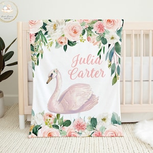 Swan Baby Blanket, Pink Floral Baby Blanket, Swan Nursery Decor, Custom Baby Blanket Girl, Swan Baby Shower Gift Girl, Floral Crib Bedding