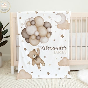 Custom Teddy Bear Baby Blanket, Moon Baby Blanket, Gender Neutral Nursery, Moon Stars Baby Blanket, Bear Baby Shower Gift, Bear Crib Bedding