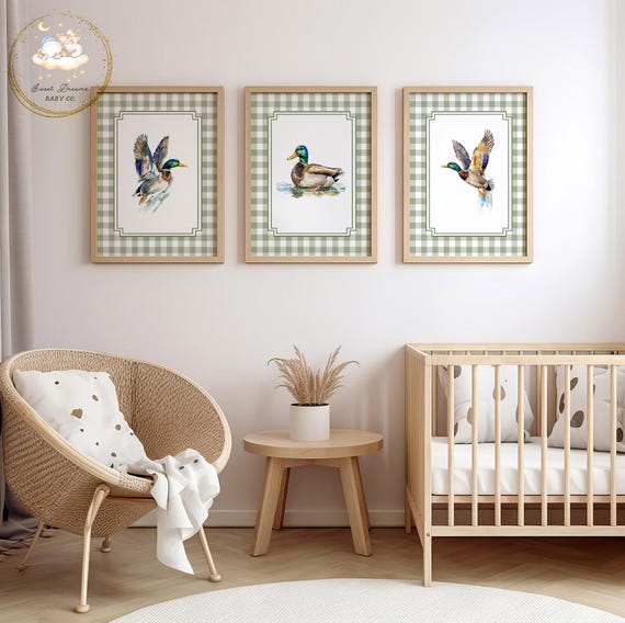 Duck Nursery Prints, Set of 3 Prints, Mallard Duck Nursery Decor, Plaid Wall Art, Duck Baby Shower Gift, Green Wall Art, Baby Boy Nursery