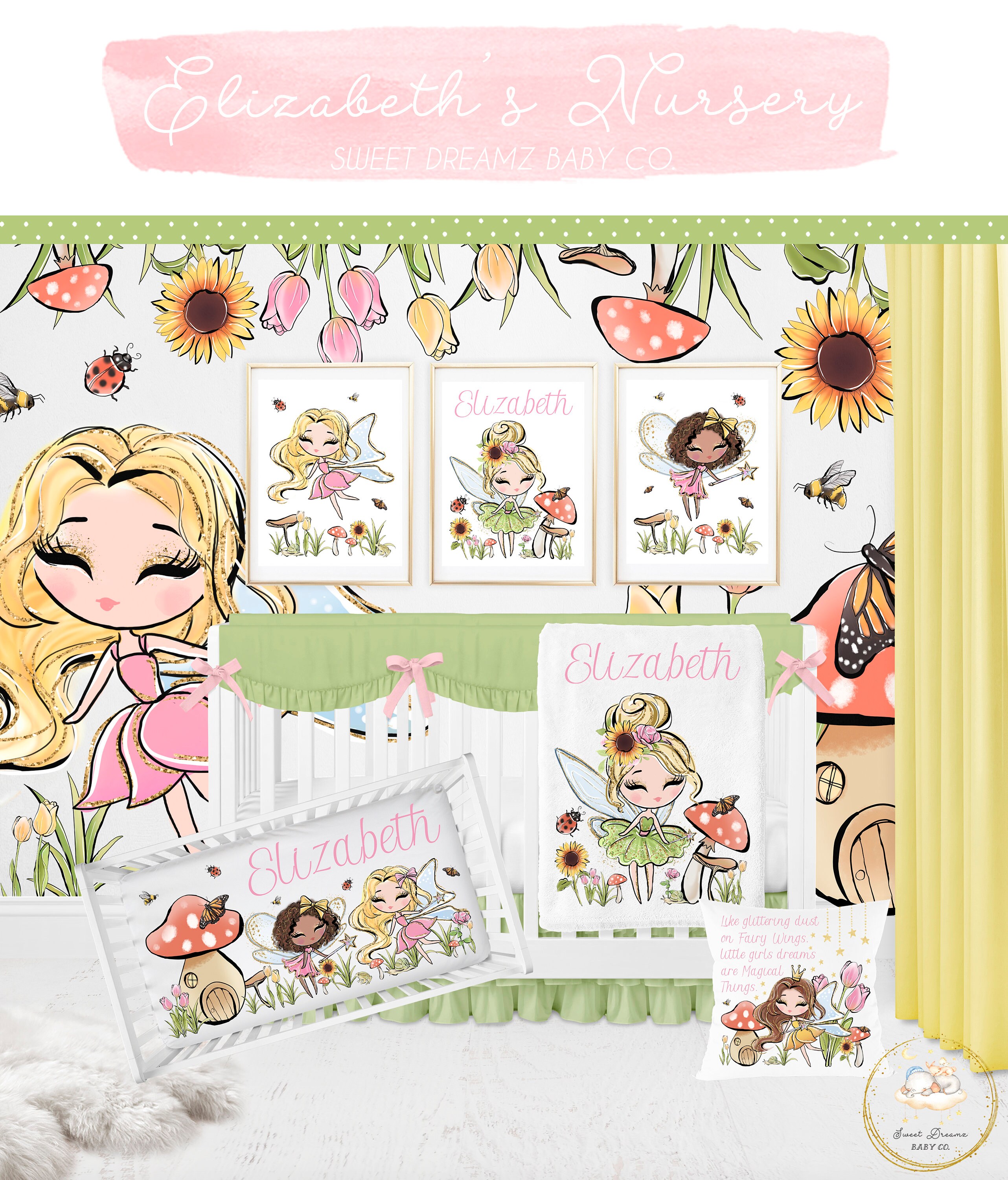 Fairy Crib Sheet, Floral Crib Sheet, Fairy Baby Bedding, Fairy Nursery