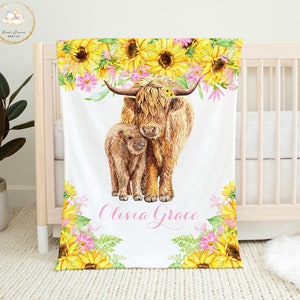 Highland Cow Baby Blanket, Sunflower Baby Bedding, Personalized Baby Girl Blanket, Cow Baby Shower Gifts Girl, Cow Nursery Bedding Newborn