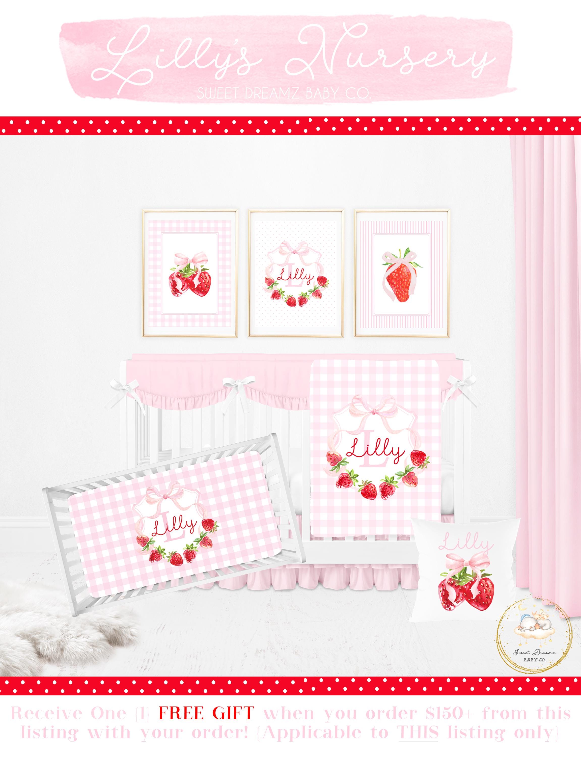 Strawberry Crib Bedding Set Girl, Pink Bow Baby Bedding, Baby Girl Crib Bedding Set, Strawberry Nursery Decor, Coquette Bow Nursery Bedding