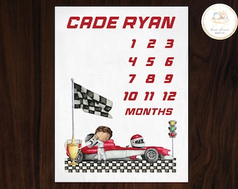 Race Car Baby Blanket, Monthly Milestone Blanket, Personalized Baby Blanket, Custom Baby Blanket Boy, Race Car Baby Gift, Racing Baby Shower