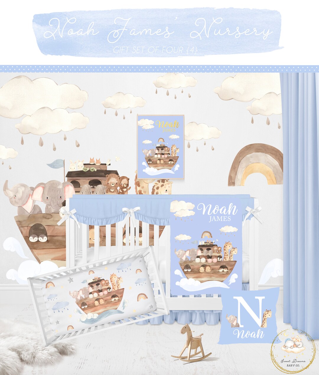 Noah's Ark Crib Bedding Set, Blue Boho Rainbow Crib Bedding Set, Baby