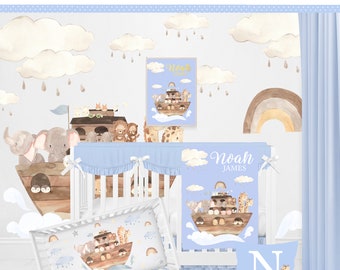 Noah&#39;s Ark Crib Bedding Set, Blue Boho Rainbow Crib Bedding Set, Baby Blanket Boy, Noah&#39;s Ark Nursery, Animal Nursery, Noahs Ark Baby Shower