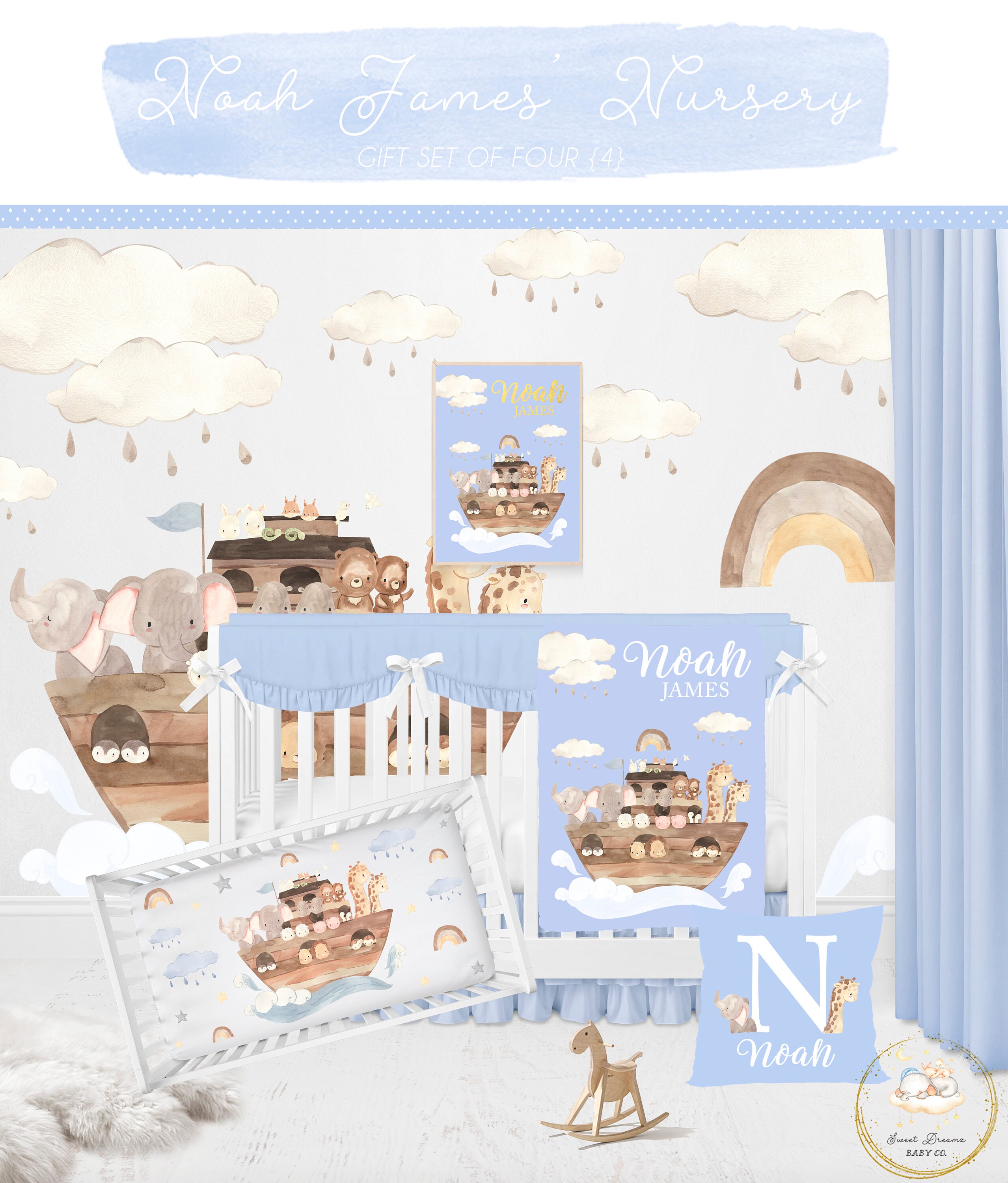Noah's Ark Crib Bedding Set, Blue Boho Rainbow Crib Bedding Set, Baby