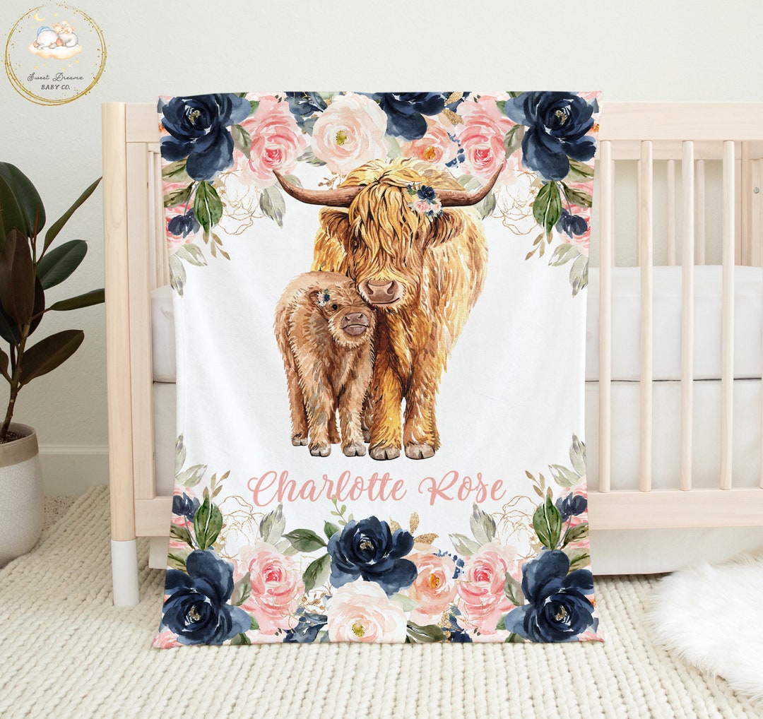 Coperta personalizzata per neonati con mucca delle Highlands: decorazione floreale per la cameretta dei bambini - Italia