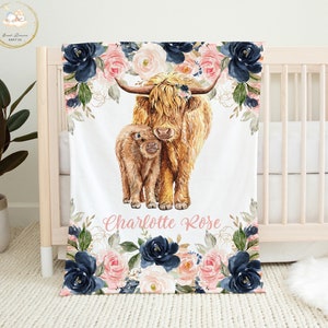 Highland Cow Baby Blanket, Personalized Baby Girl Blanket, Cow Baby Shower Gift Girl, Navy And Blush Baby Bedding, Cow Nursery Bedding Girl