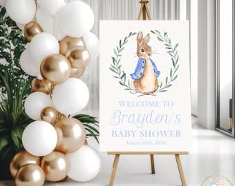 Peter Rabbit Baby Shower Welcome Sign, Boy Baby Shower Sign, Blue Welcome Poster, Greenery Baby Shower Decorations, Peter Rabbit Decorations