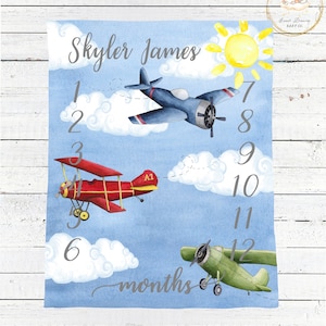 Monthly Milestone Blanket Boy, Airplane Milestone Baby Blanket, Baby Milestone Blanket Boy, Airplane Baby Blanket, Personalized Baby Blanket