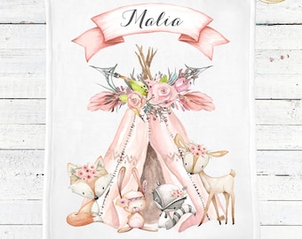 Woodland Baby Blanket Girl, Personalized Baby Blanket, Woodland Crib Bedding Girl, Woodland Animals Baby Blanket, Pink Woodland Nursery Girl