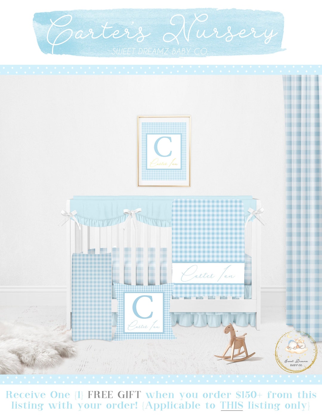 Baby Boy Crib Bedding Set, Blue Gingham Crib Bedding Set Boy, Blue Baby Bedding Crib Set Boy