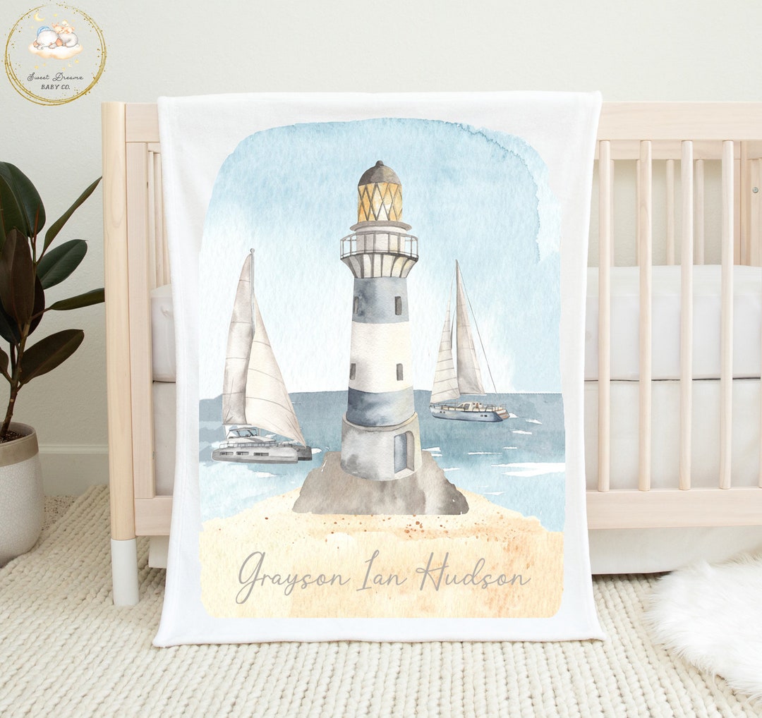 Custom Nautical Baby Blanket, Lighthouse Baby Blanket, Sailboat Baby
