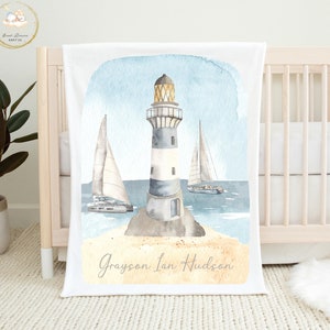 Manta náutica personalizada para bebé, manta de faro, manta de velero, regalo náutico para baby shower, ropa de cama de barco para cuna, guardería oceánica