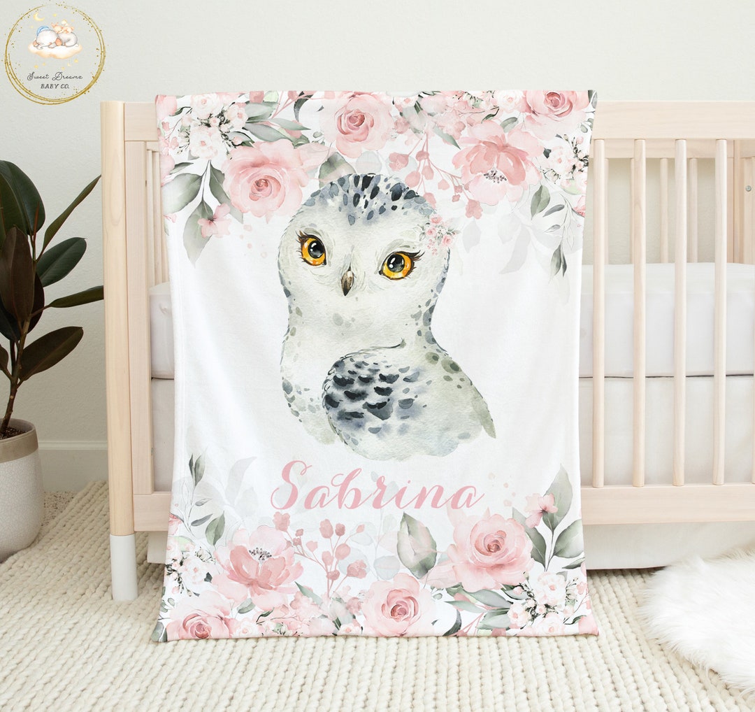 Snow Owl Baby Blanket, Owl Baby Shower Gift Girl, Personalized Baby