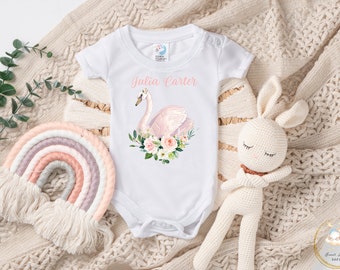 Swan Onesie®, Pink Floral Baby Onesie, Custom Baby Bodysuit Girl, Swan Baby Bodysuit, Personalized Onesie Baby Girl, Swan Baby Clothes Girl